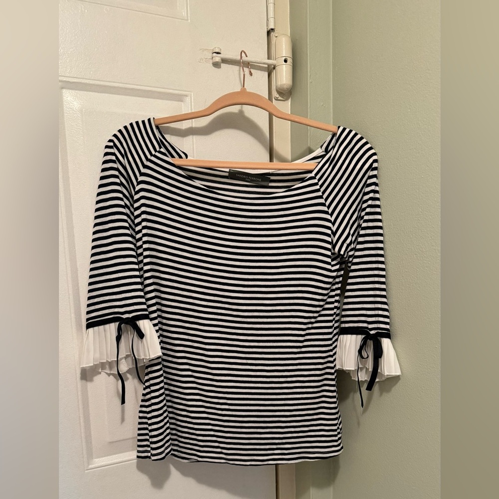 Sandro Ferone L white blue stripes top